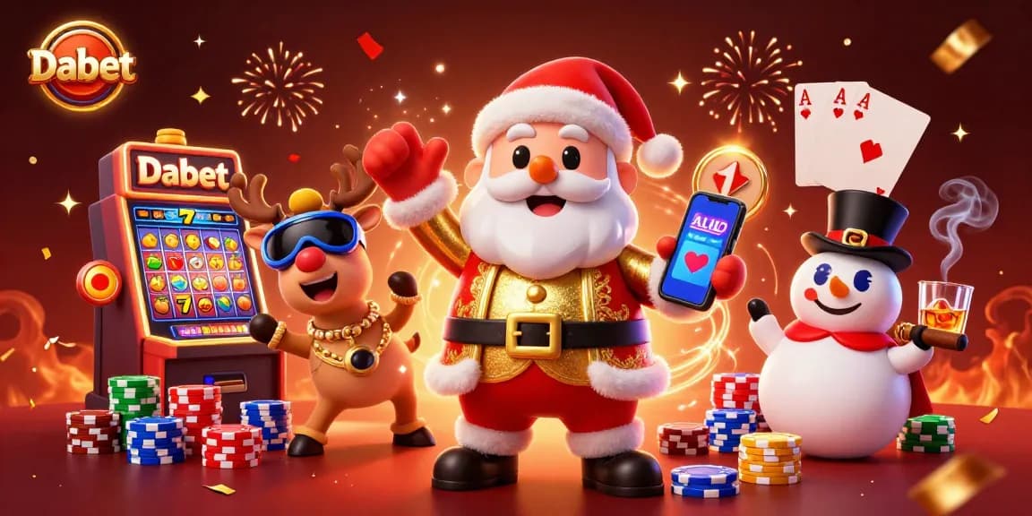 Dabet showcases a joyful Santa in casino attire holding a jackpot smartphone amidst vibrant slot elements.