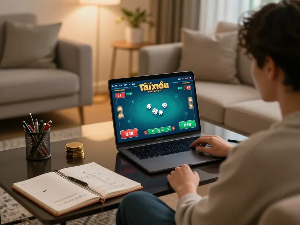 Engaging in a game tài xỉu uy tín on a laptop, showcasing strategic gameplay in a cozy home environment.