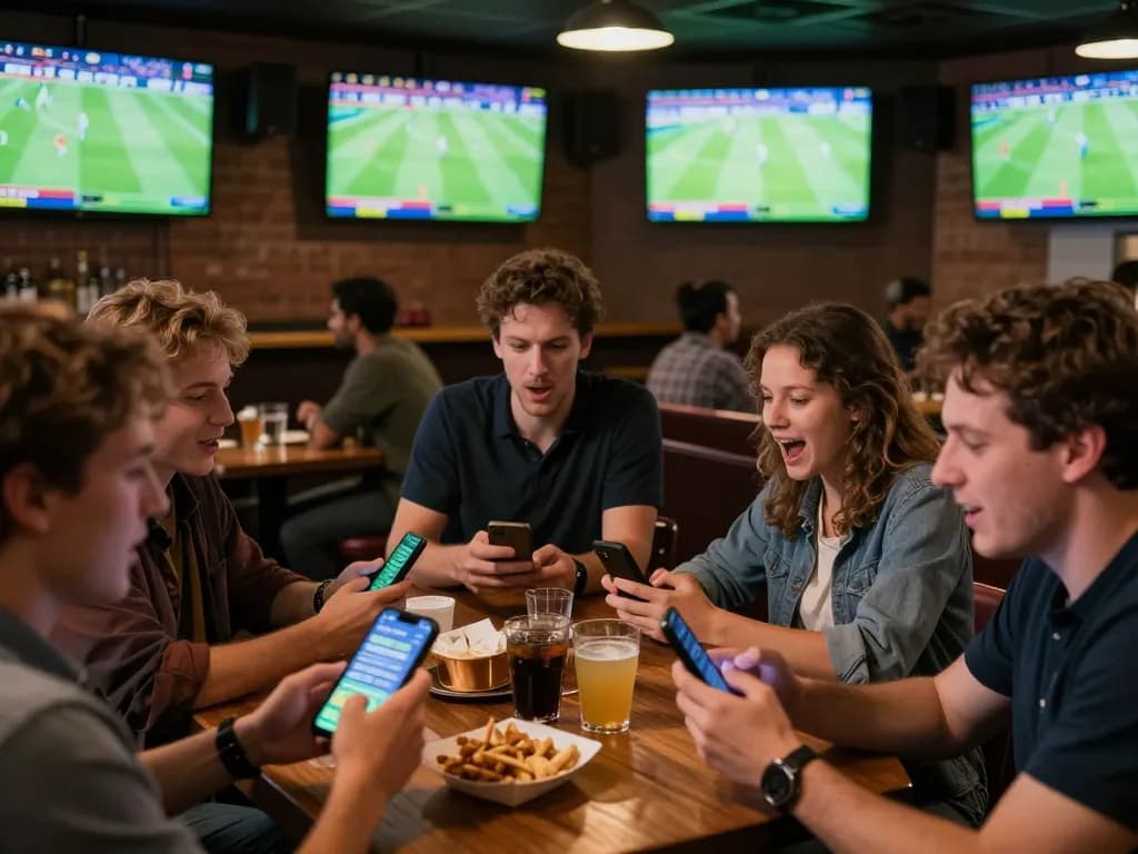 Socolive users engaging with live soccer matches while placing bets in a lively sports bar atmosphere