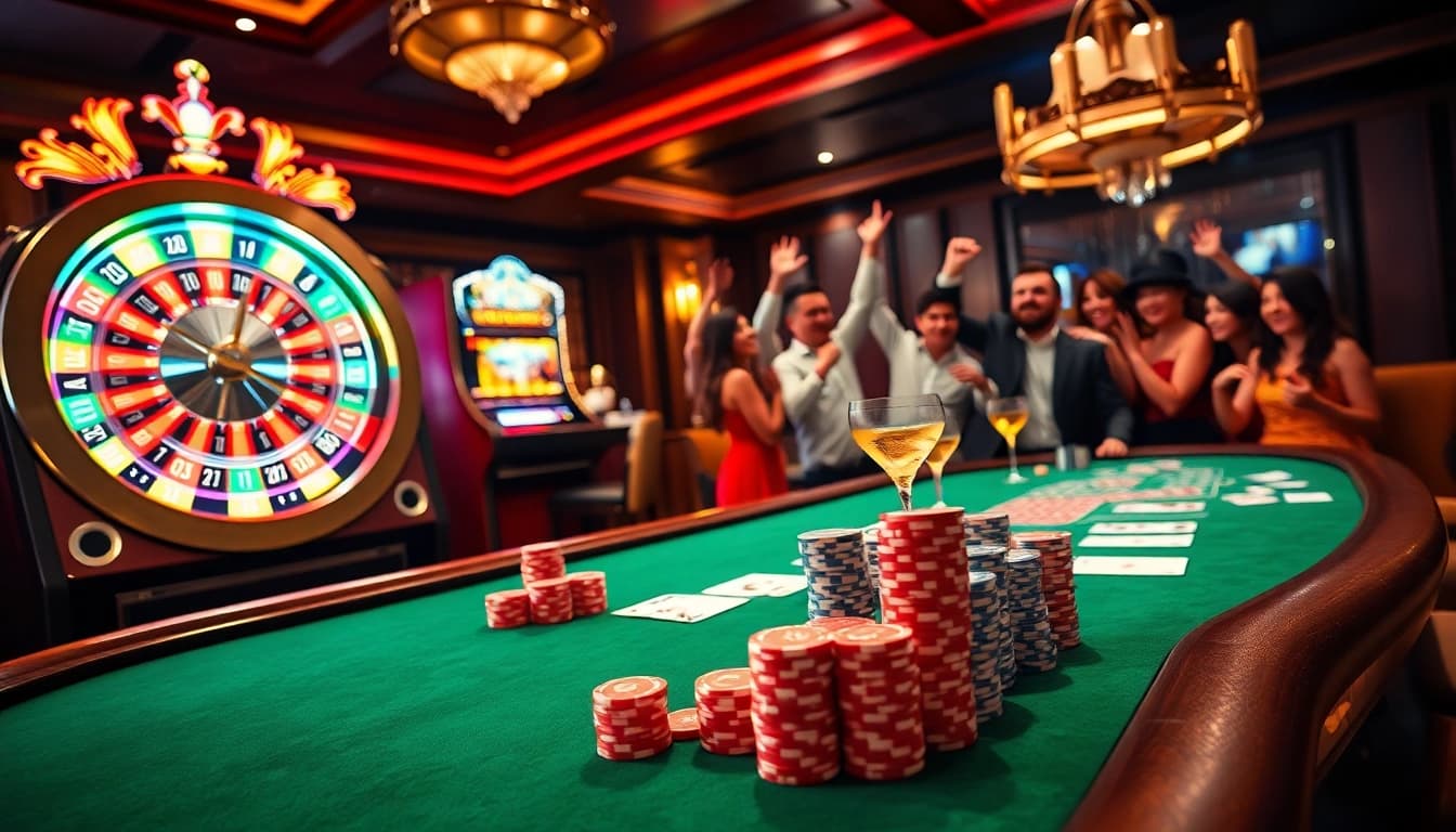 Engaging casino scene showcasing excitement at tylenhacai7.com with roulette and poker activities.