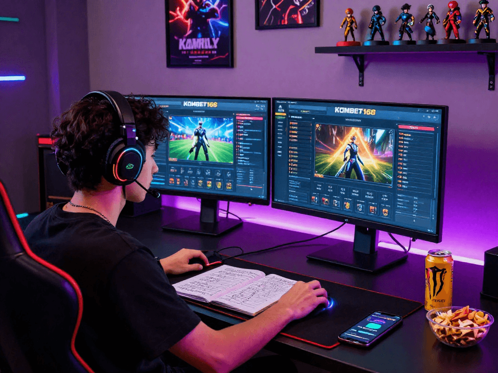 An engaging online gaming setup with KOMBET168 interface and vibrant accessories