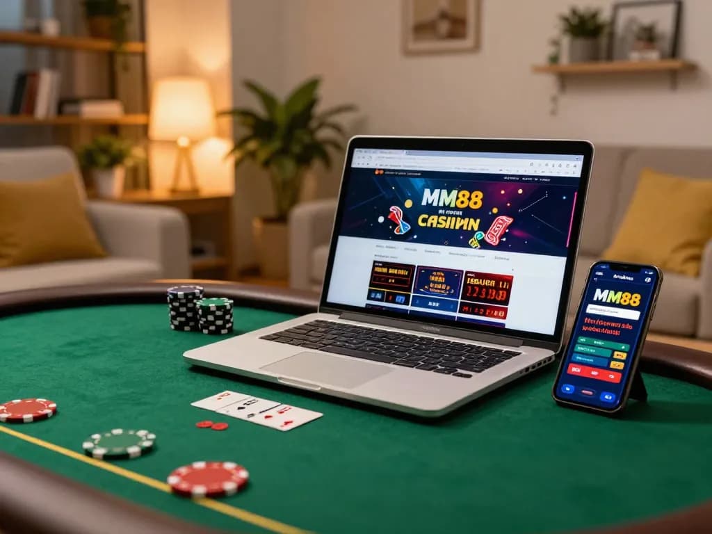 Engaged gambler using a laptop at https://mm88.se.net/ for an immersive online casino experience.