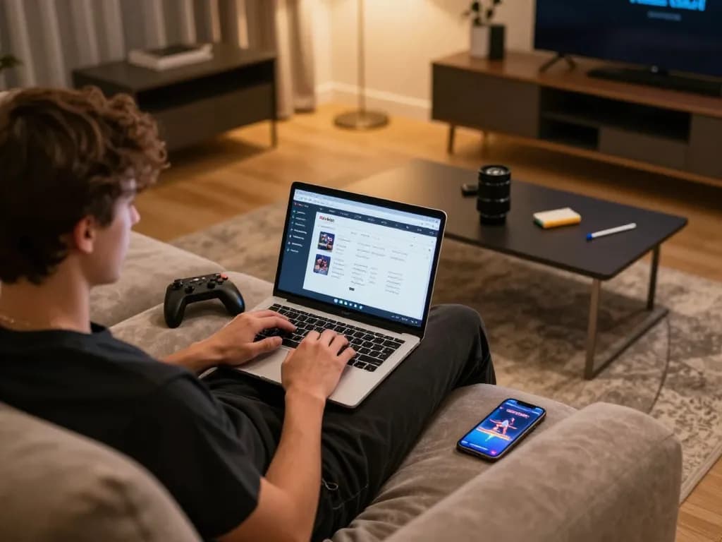Individual enjoying online gambling at home with the nhà cái kkwin platform displayed on laptop screen.