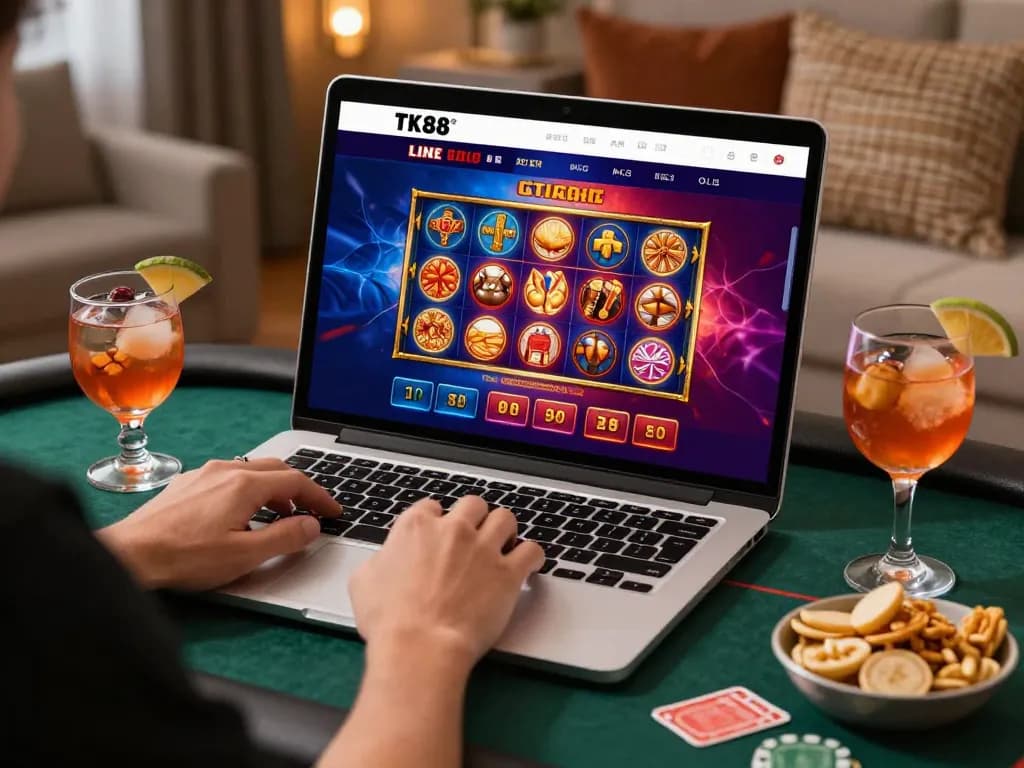 Interactive TK88 online gaming experience with live casino games, slots, and player in a home setting