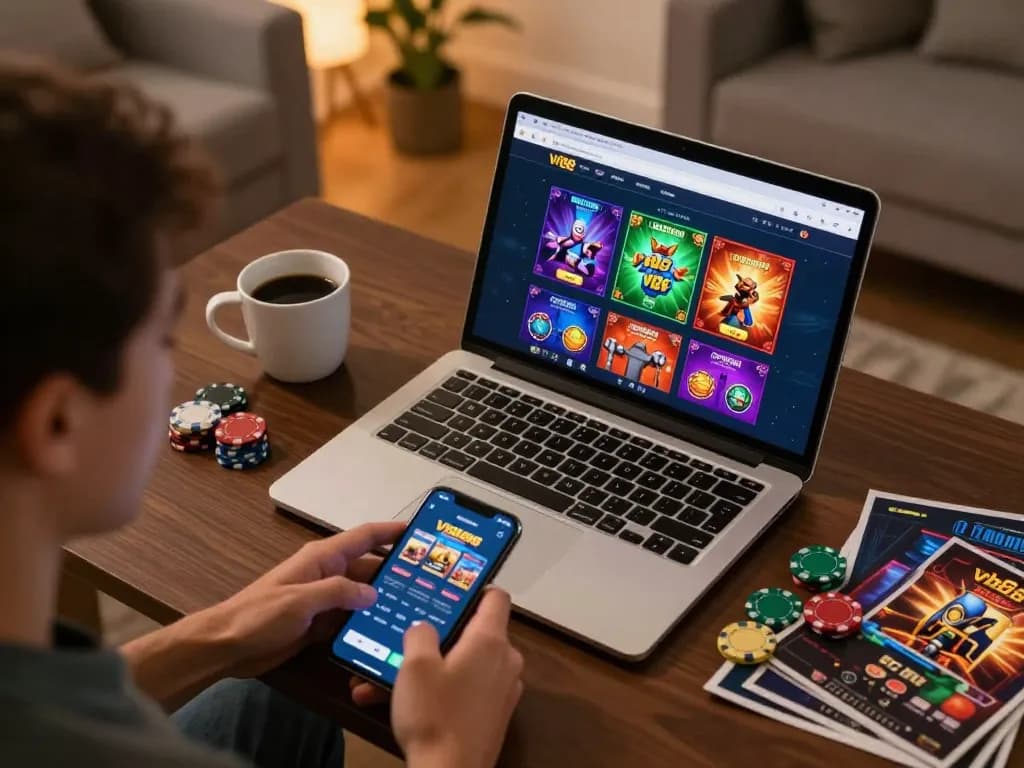 Engaging scene of online gaming with vb88 apk displayed on laptop, showcasing a cozy gambling atmosphere.