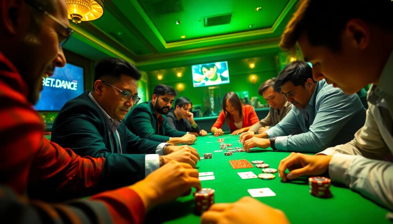 Exciting online poker scene with sbobet.dance branding, showcasing intense gameplay and a vibrant casino atmosphere.