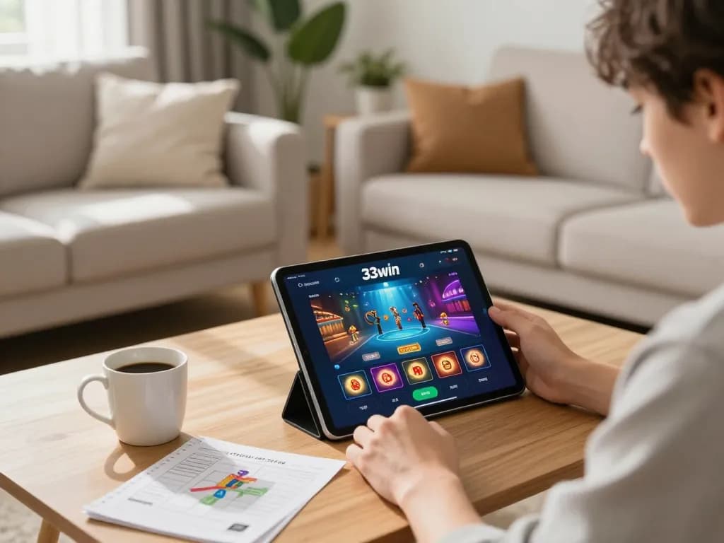 A player using the 33win app on a tablet in a cozy living room, showcasing strategic gaming.