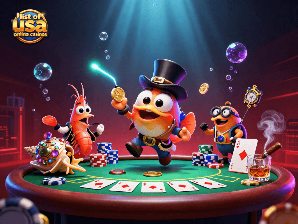 Engaging look at the list of USA online casinos showcasing a 3D scene with dynamic casino elements.