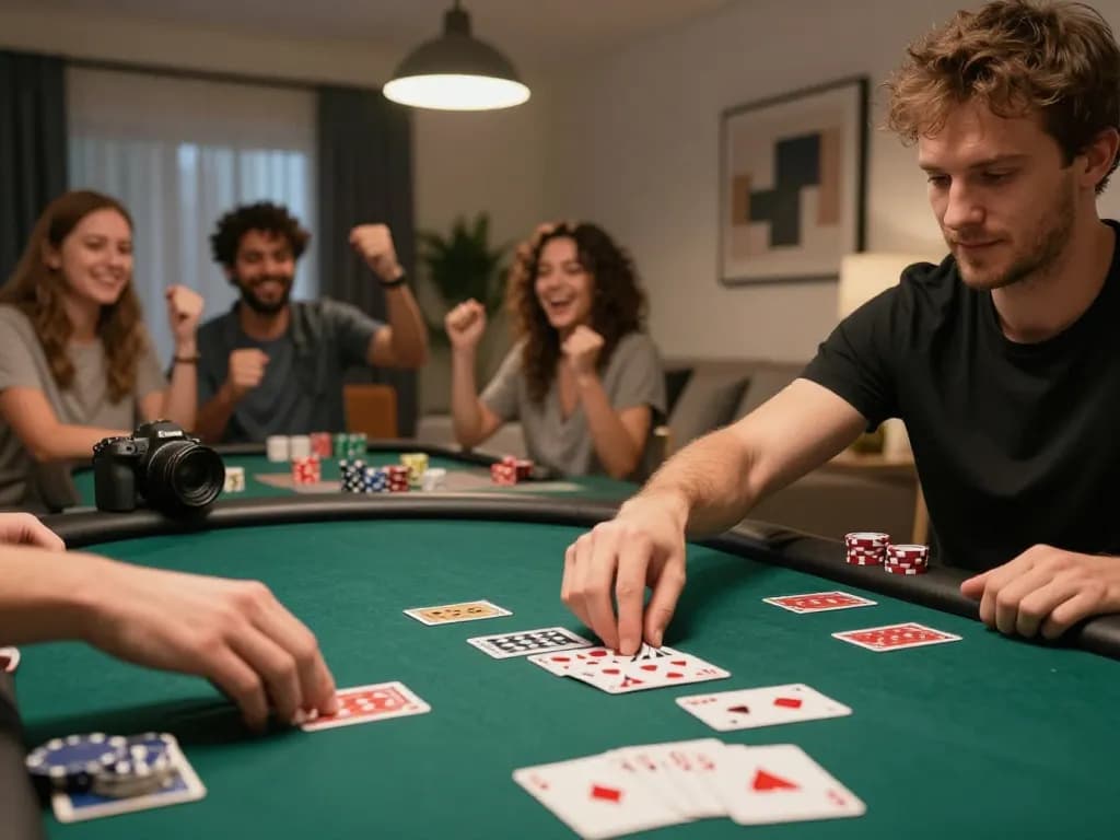 Player celebrating a win at 8day poker night, showcasing strategic gameplay in a cozy home.