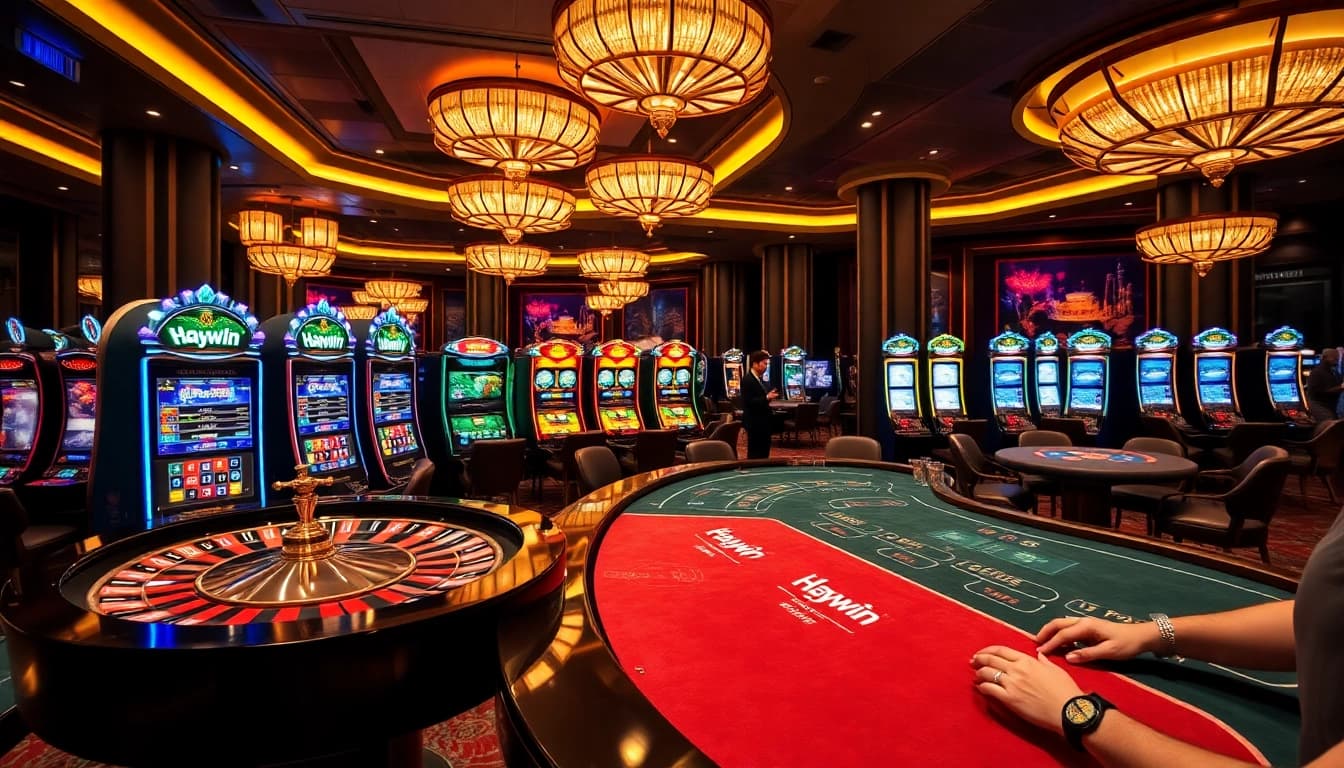 Experience thrilling gameplay at Haywin's casino with vibrant slot machines and poker tables.