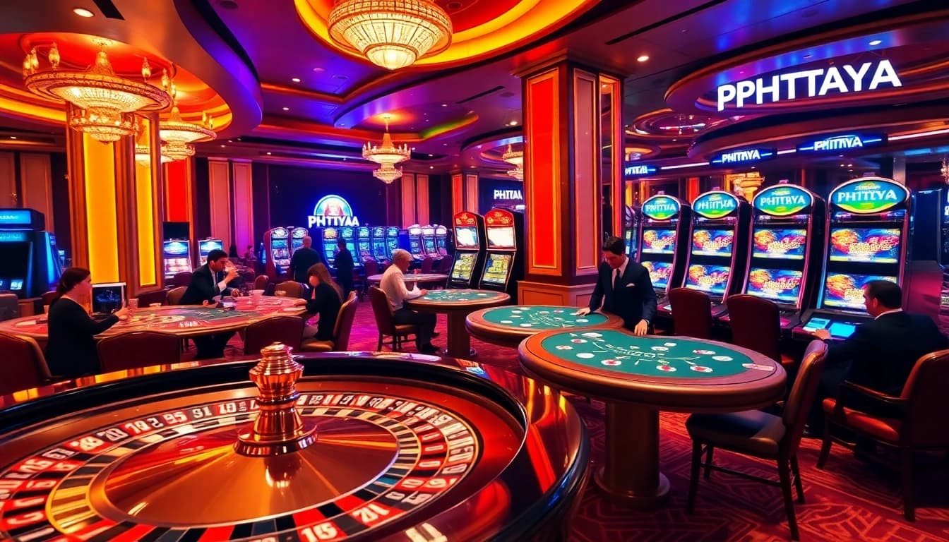 PHTAYA gaming scene with vibrant roulette wheel and players at poker tables in a luxurious casino.