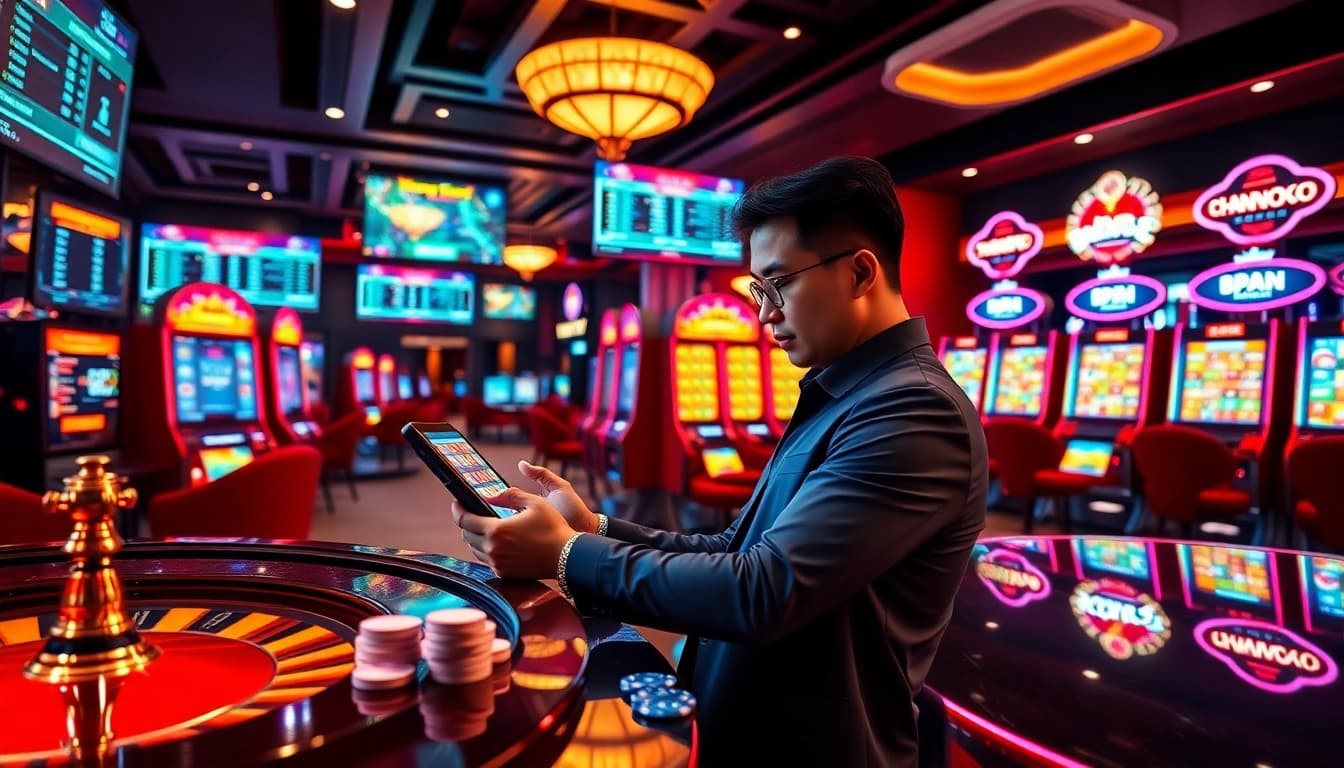 Engaging lô đề trực tuyến interface displaying fast lottery betting odds with poker chips and roulette wheel