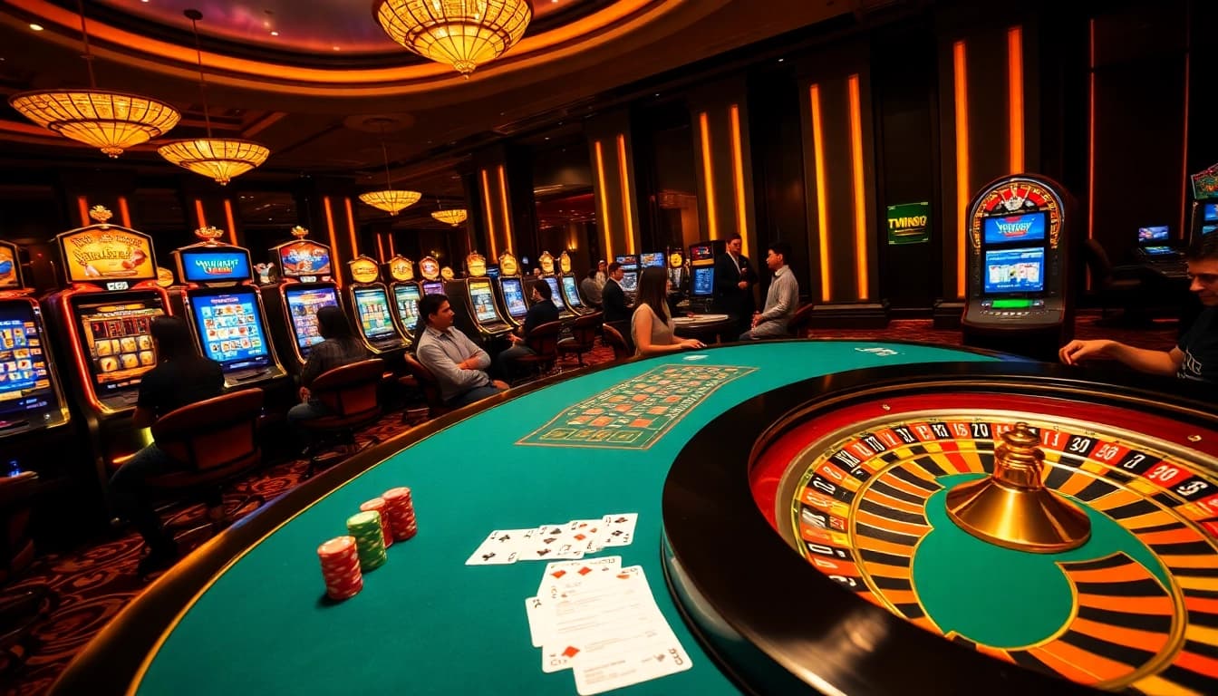 TWIN68 online gambling interface with vibrant slot machines and poker tables, showcasing excitement and professionalism.