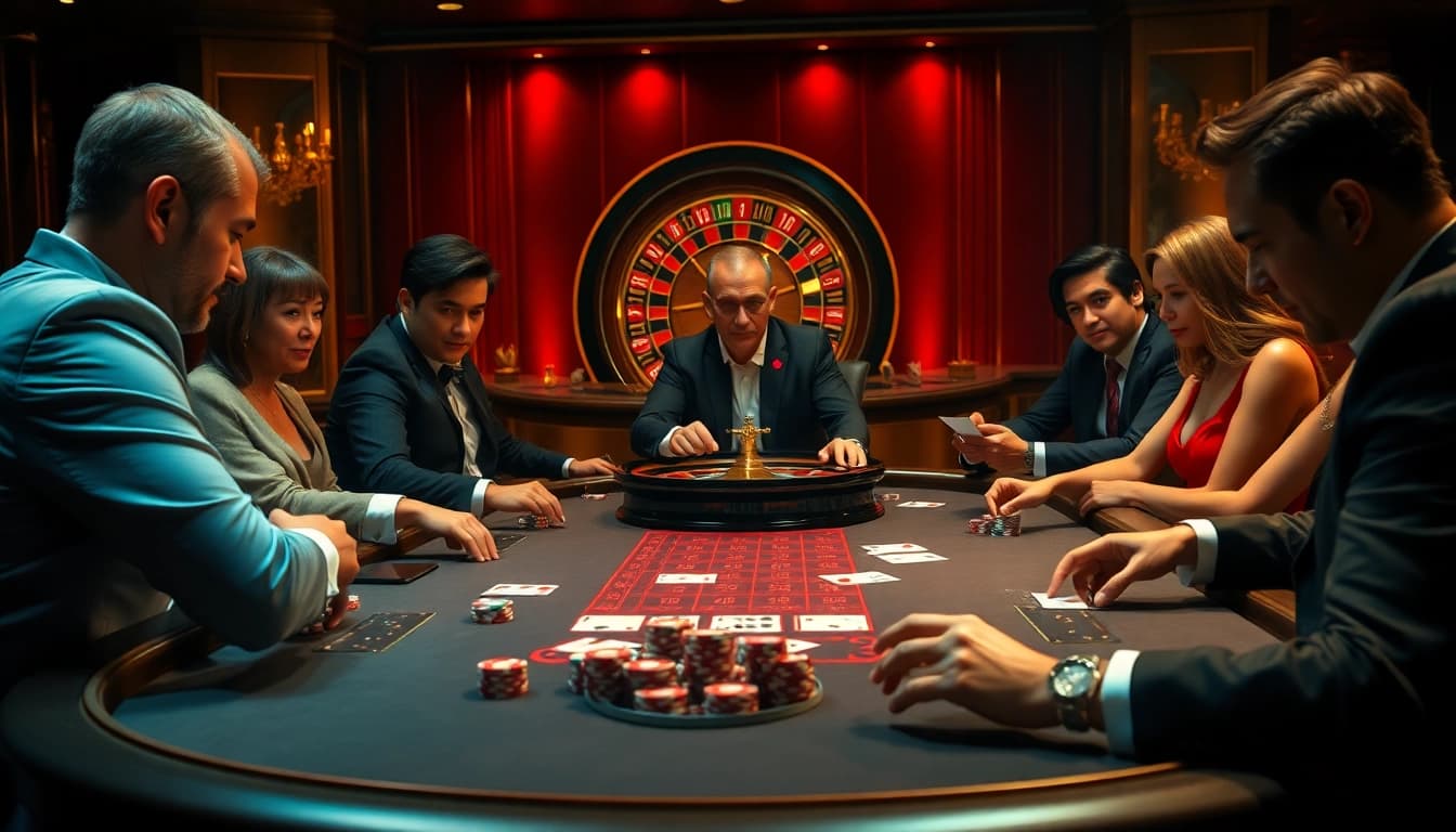 The hidden wiki informs strategic players at an elegant poker table filled with vibrant chips and cards.
