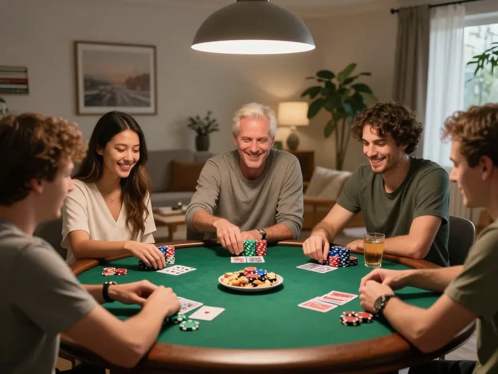 Engaged friends play poker at home, enjoying the game and strategies with 888vnd com.