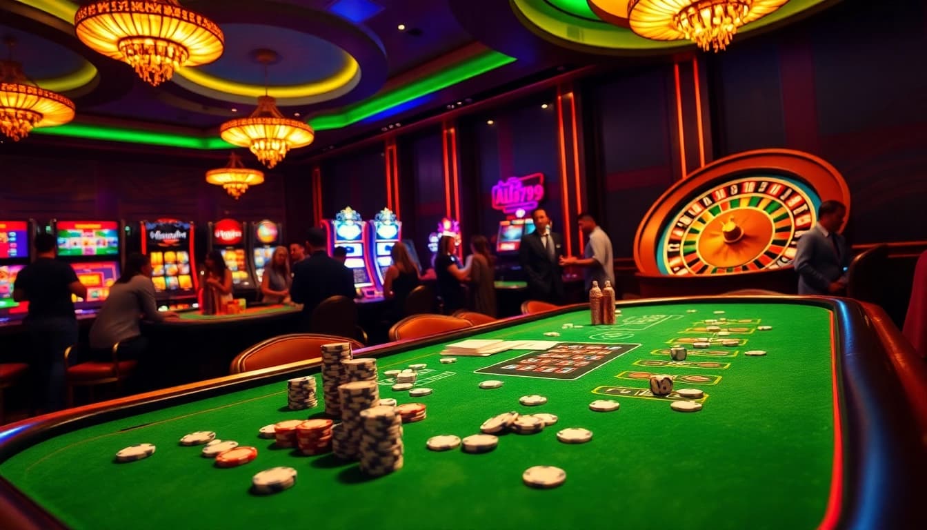 Experience the excitement with ALo789 at a vibrant casino table filled with chips and cards.