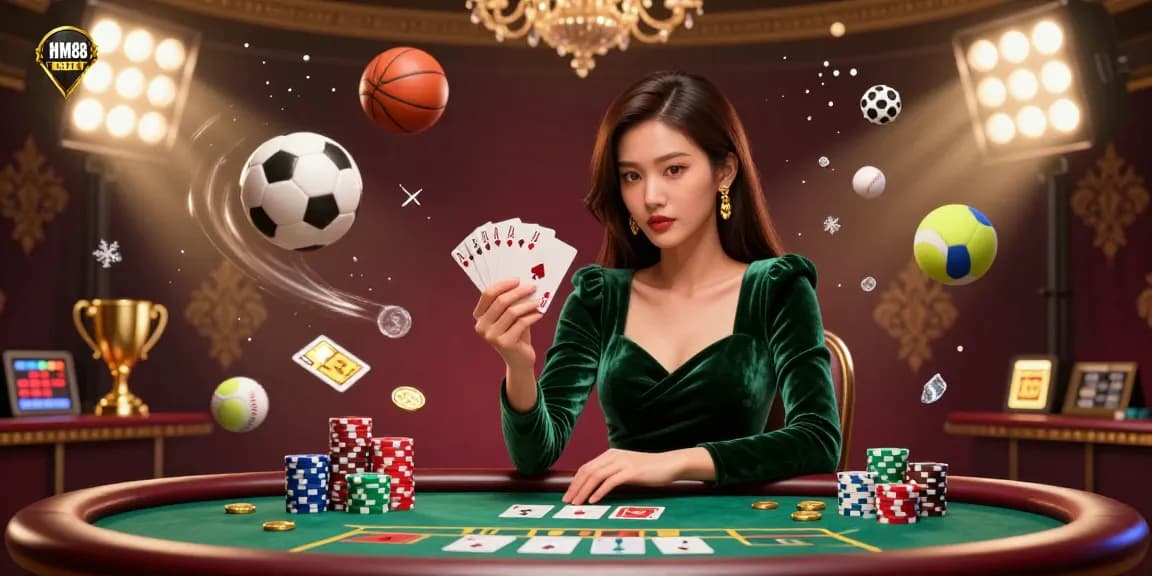 Experience the thrill of HM88 with a beautiful woman at a casino poker table surrounded by dynamic sports elements.