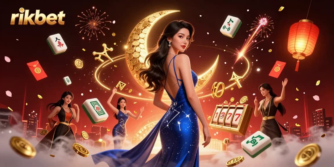 Experience rikbet's thrilling slot gaming adventure with an elegant Asian woman, surrounded by casino symbols.