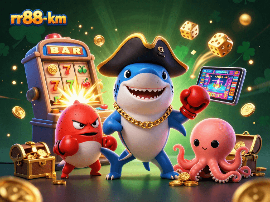 rr88-km pirate shark celebrates a jackpot with coins, slot machines, and vibrant casino elements