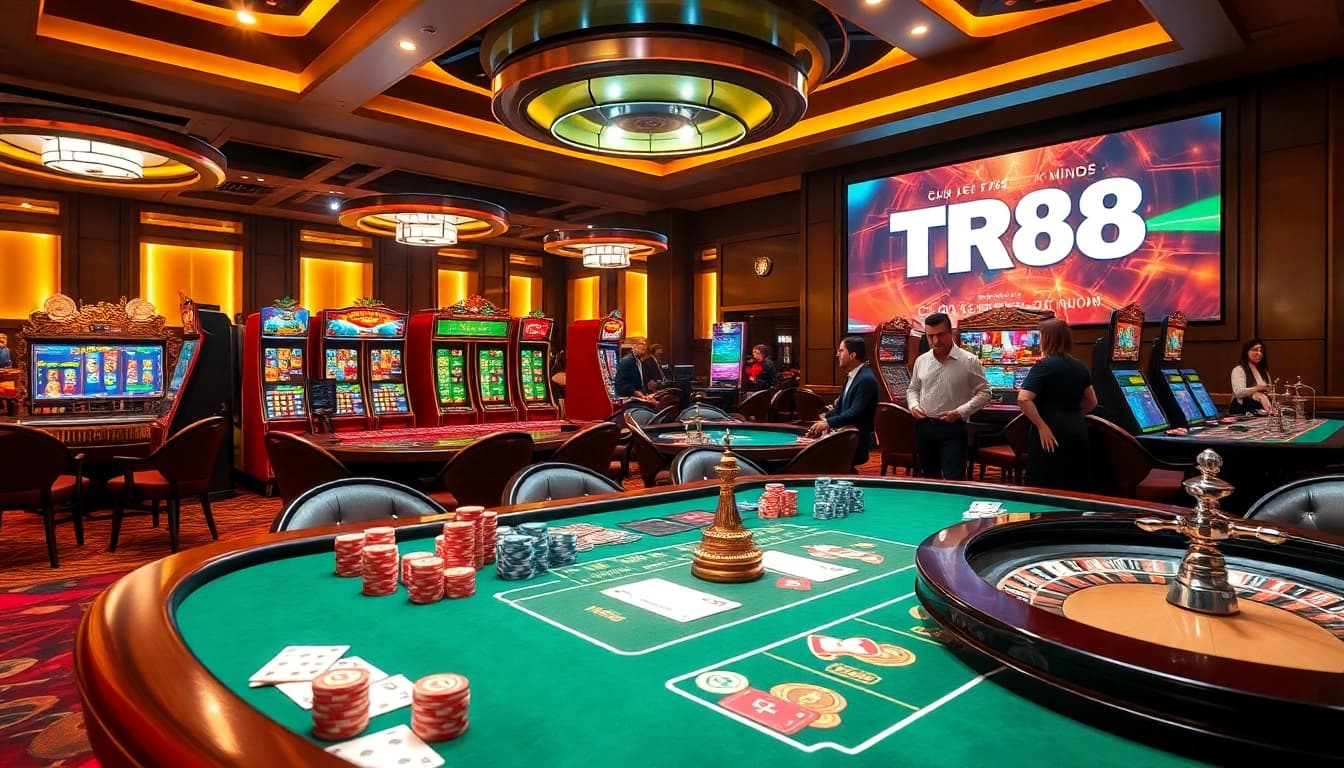 Players enjoy an exciting game at TR88 casino with colorful chips and cards.