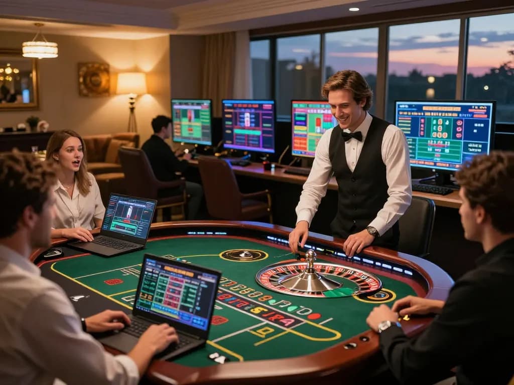 Participants engaging with nhà cái co88 during a live casino session, featuring an active roulette wheel, cozy ambiance, and players focused on their screens.