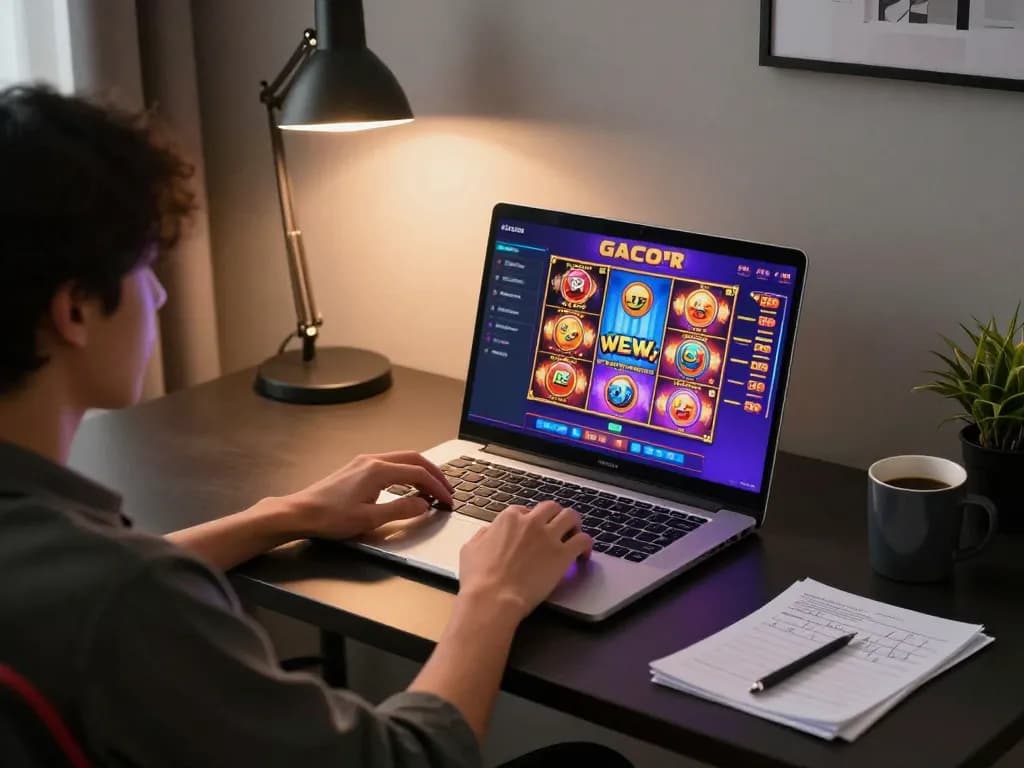 Menggunakan permainan slot gacor di laptop, menampilkan grafik yang mencolok di kantor rumah yang nyaman