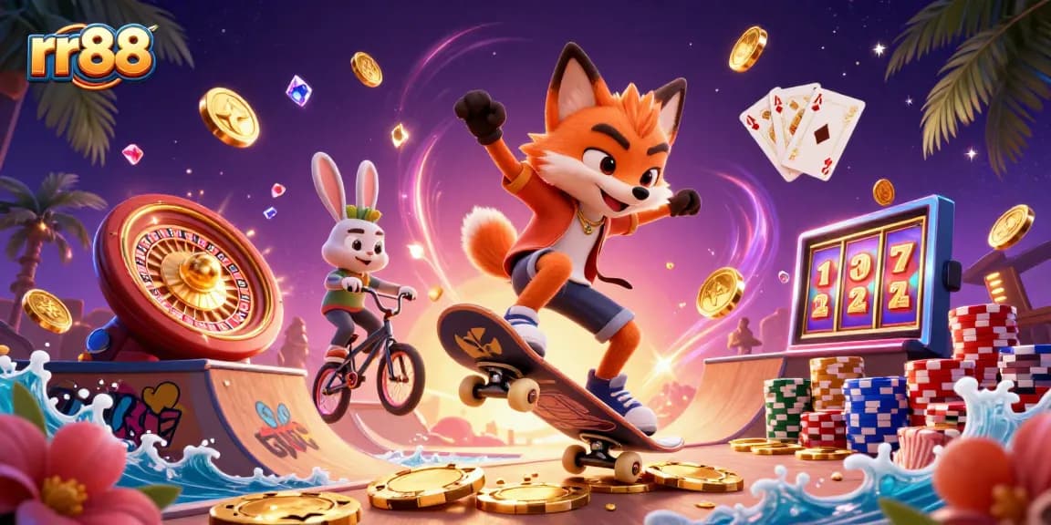 rr88 players enjoying vibrant casino thrills with golden coins, roulette wheels, and lively animations
