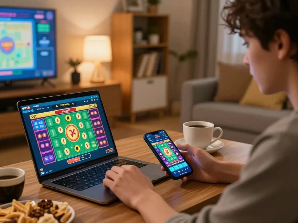 Engaging in strategic tài xỉu online gaming at home, using laptop and smartphone in a cozy setup.