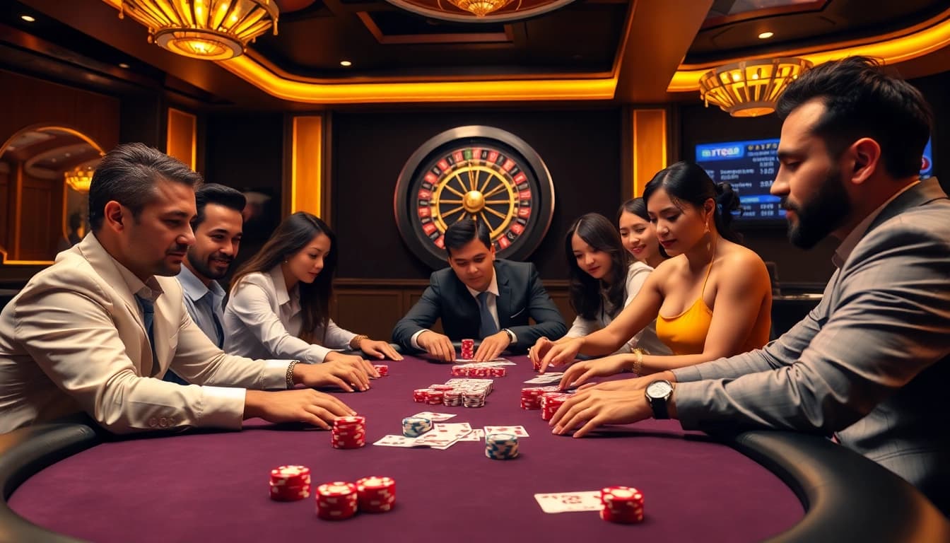 Engage in thrilling games at Nhà cái TG88 with poker chips and cards at a vibrant casino table.