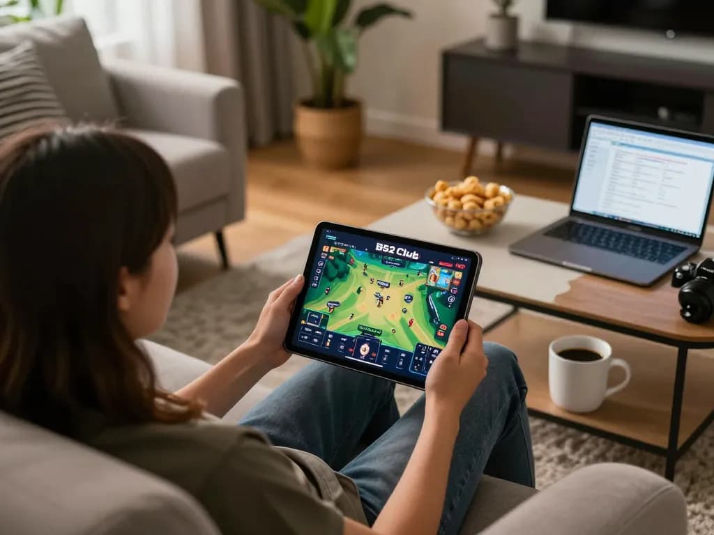 B52 Club gaming experience with a player engaged on a tablet in a cozy home setting