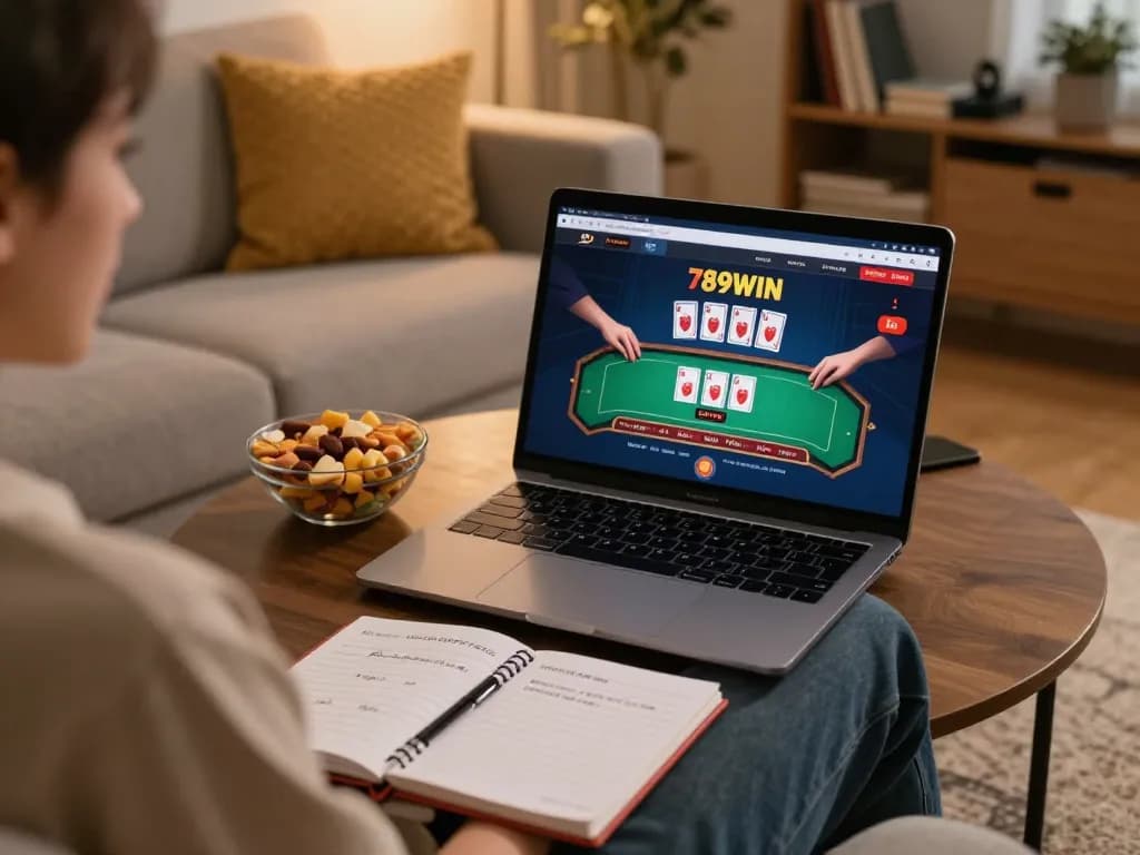 Engaging with 789WIN's live online casino interface at home, showcasing strategic gameplay.