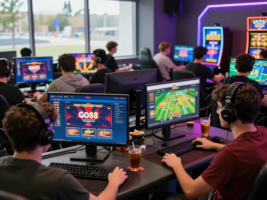 Diverse players enjoying an immersive gaming experience on go-88.us.com, surrounded by snacks and bright LED lighting.