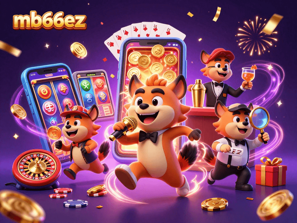 Experience the laughter at mb66ez casino with hyenas mixing drinks and telling jokes amidst colorful games.