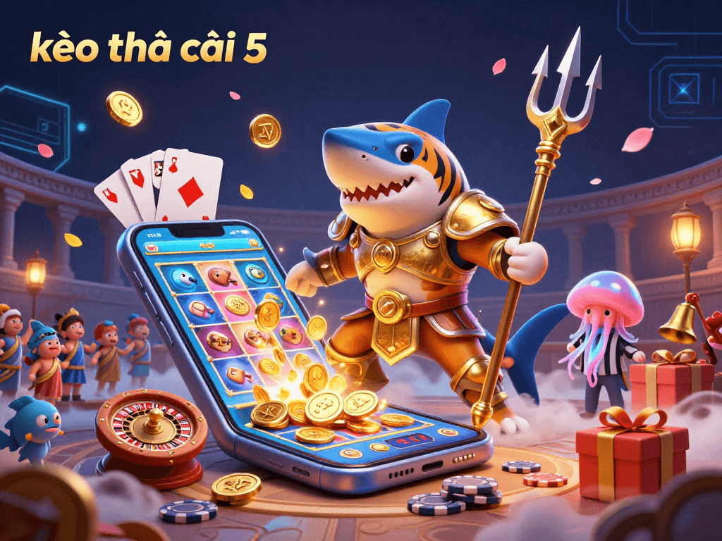 Engage with kèo nhà cái 5 through this vibrant underwater casino scene bustling with excitement.
