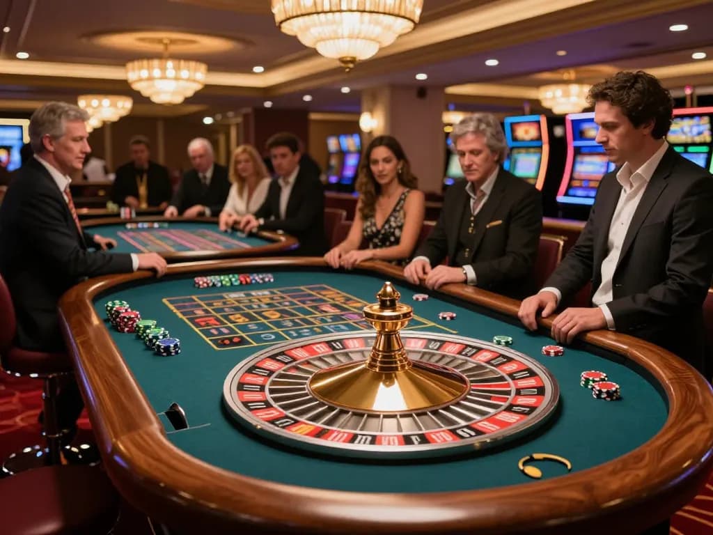 Players engaging with roulette at GEM88 casino, vibrant chips on the table, luxurious atmosphere.