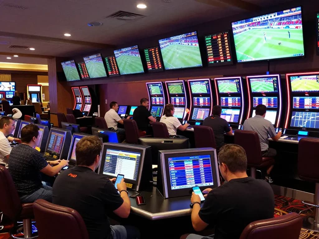 Bsport users placing bets in a modern sportsbook with live sports displayed on screens