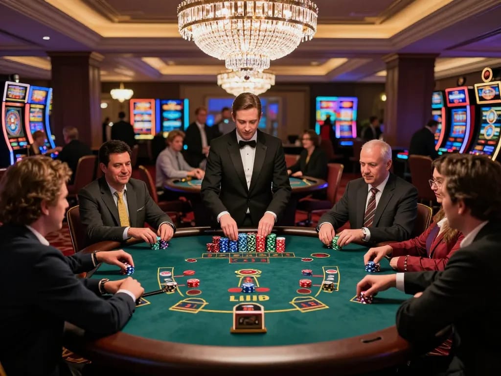 8LIVE blackjack players eagerly placing bets at a vibrant casino table.