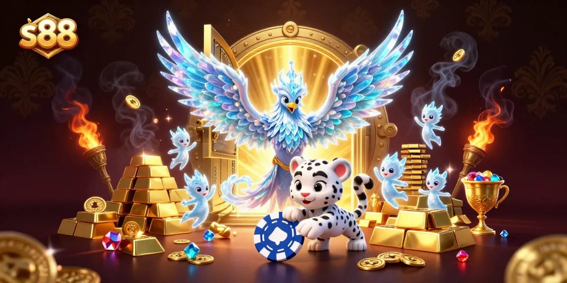 Experience the thrill of the casino with s88's vibrant ice-themed illustration of a phoenix and playful snow leopard.