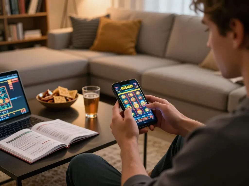 Engaged player using the MEGA888 mobile app to spin colorful slots, illustrating home gaming excitement.