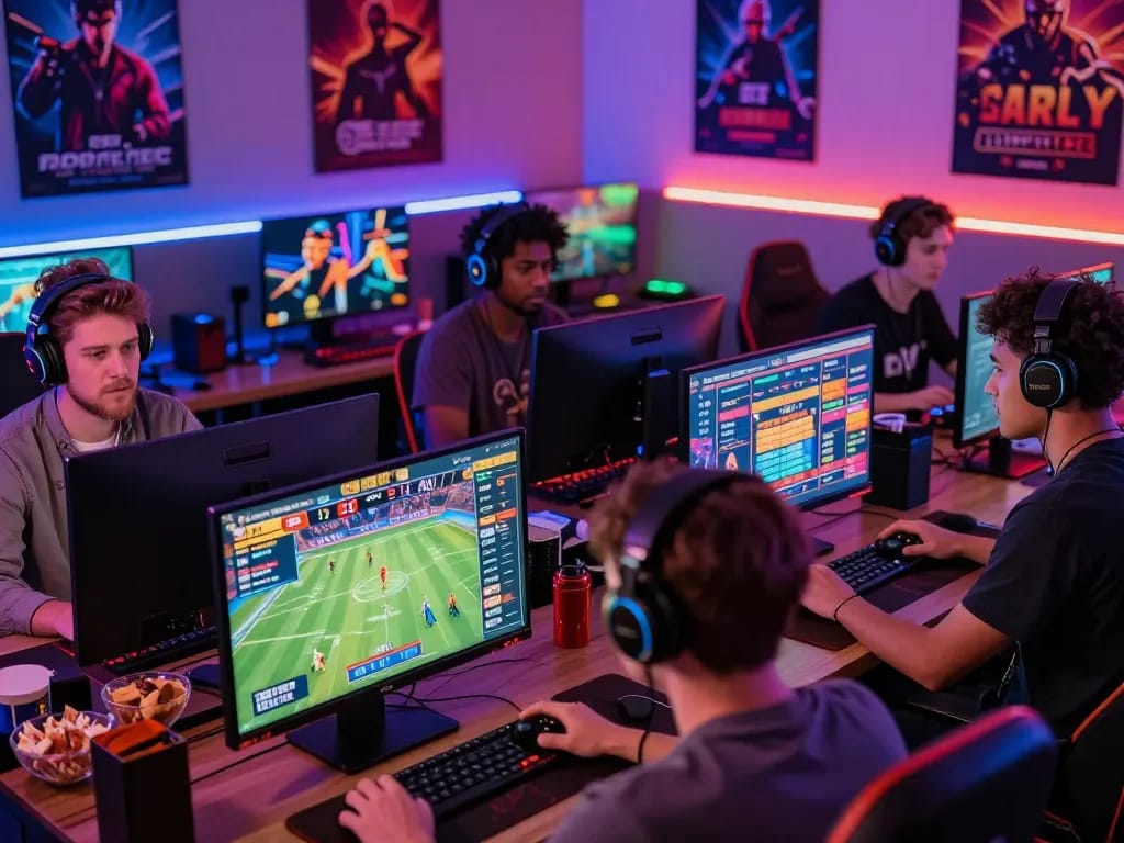 Engaged players enjoying BK8 online gaming in a vibrant atmosphere with sports betting screens and casino games.