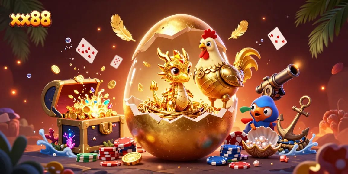 Experience winnings at xx88 with a golden dragon emerging from poker chips in a vibrant casino scene.