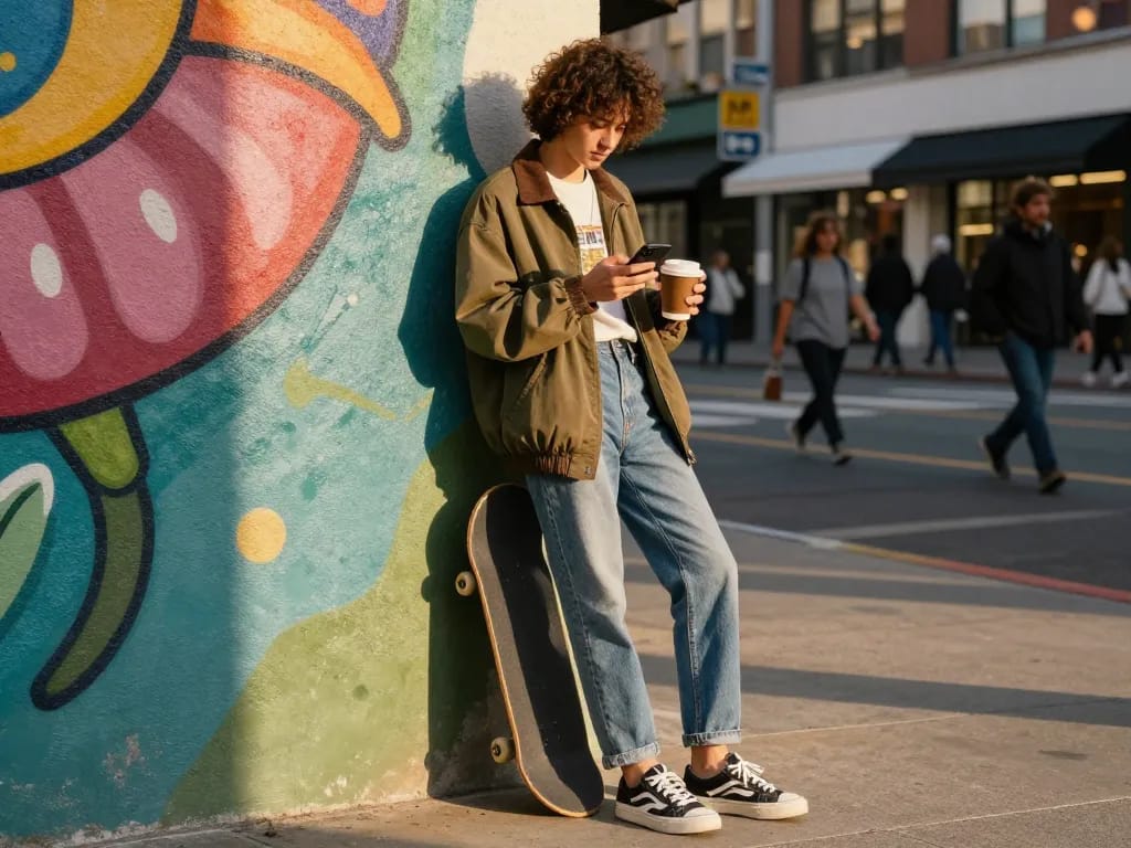 Sunwin fashion scene with trendy urban outfit and vibrant mural.