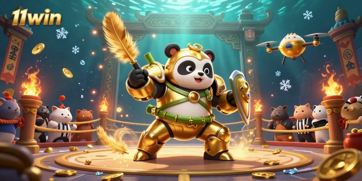 Engage in thrilling action at 11win as the golden panda challenges foes in a vivid 3D casino arena.