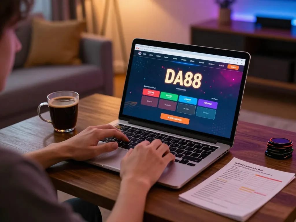 Experience thrilling gameplay with DA88 on a laptop in a cozy home environment, blending strategy and entertainment.