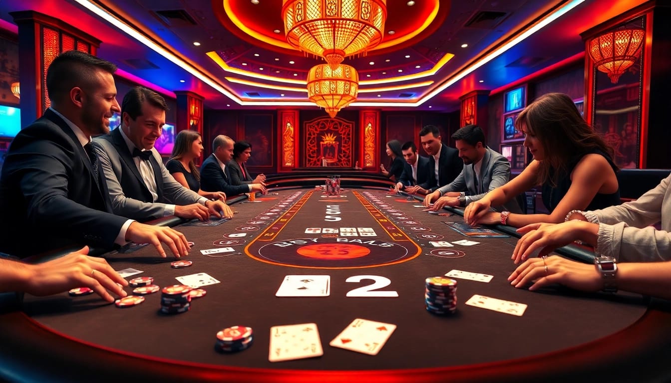 Players enjoy a high-stakes game at the B52-themed casino table with vibrant chips and cards.