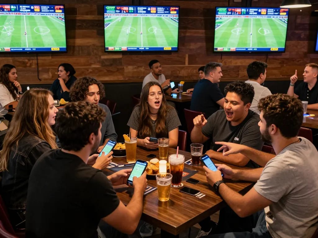 Tỷ Lệ Kèo displayed on screens in a lively sports betting lounge showing dynamic betting engagement.