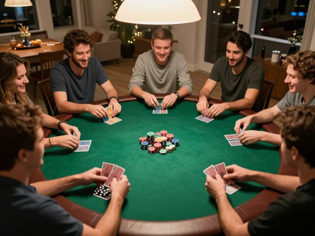 Enjoying a lively home poker night with friends featuring 56WIN branded chips and cards