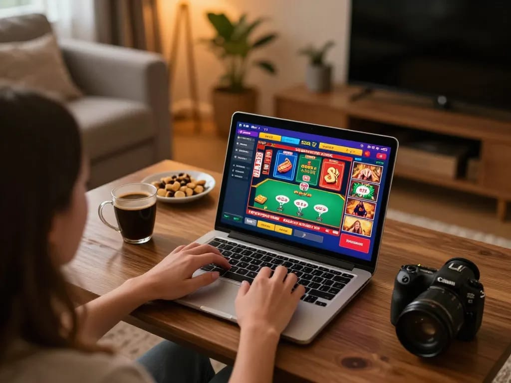 Person engaging with nhà cái lv88 at home using laptop for online gaming experience