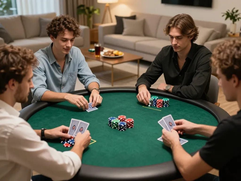 Players enjoying a home poker night at x88 com with colorful chips and strategic gameplay.