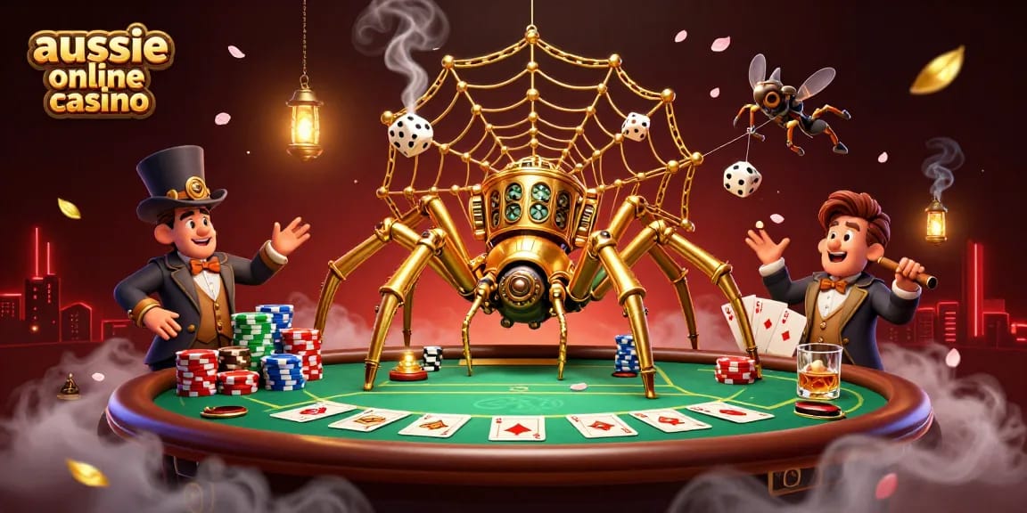 Engage with the aussie online casino world, featuring a steampunk spider and poker elements.